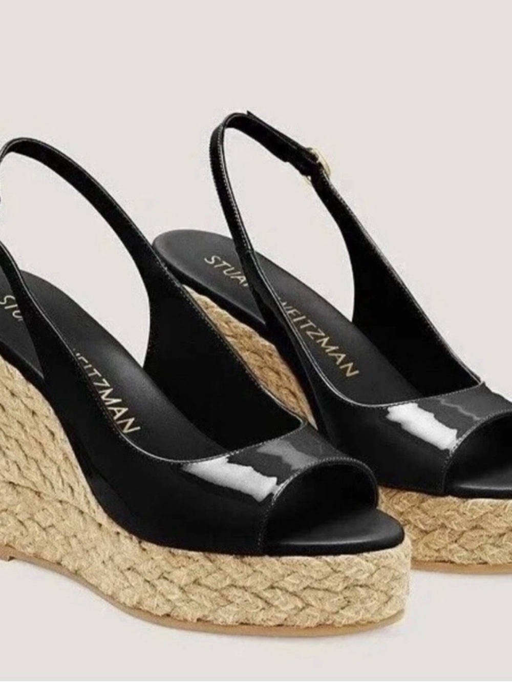 Stuart Weitzman Black Patent Open-Toe Slingback Espadrille Wedges size 10